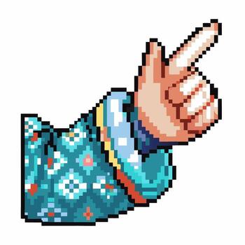 Pixel art pointing hand in patterned sleeve, retro game style, colorful gesture, digital 8 bit icon vector