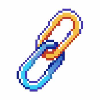 Pixel art chain link icon connected blue and yellow metal links, digital symbol of connection, unity, blockchain concept vector