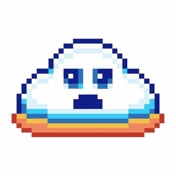 Sad pixelated cloud with blue eyes and orange outline on white background retro digital style, nostalgic expression vector