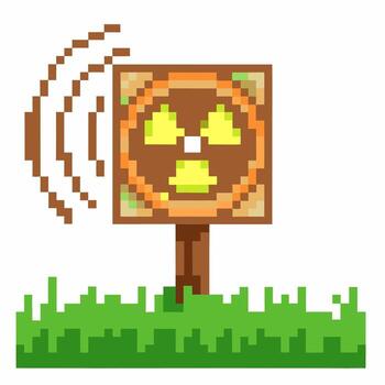 Pixel art radioactive warning sign on grassy ground hazard, danger, pixelated caution symbol, retro game environment vector