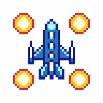Pixel art spaceship shooting retro arcade game blue rocket with fire blasts, isolated white background, 8 bit vector
