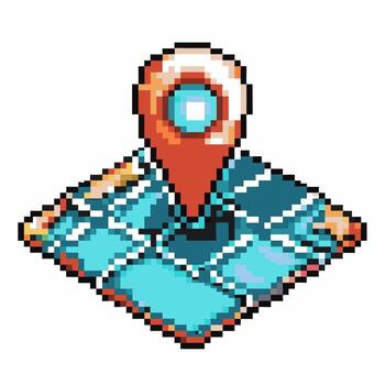 Pixel location marker on digital map tile retro 8 bit icon, navigation pinpoint, gaming, geolocation symbol vector