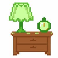 Pixel art bedside table with green lamp and round alarm clock minimalistic retro furniture, home bedroom decor concept vector