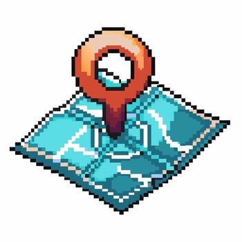 Pixel art location pin on folded map retro travel navigation icon, geographic destination, blue coordinates symbol isolated vector