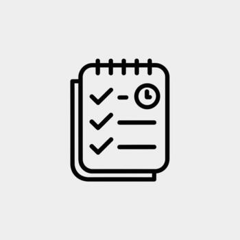 Black Line Art Illustration of a Spiral Bound Notepad Checklist with Checkmarks and a Clock Icon Indicating Time Management and Task Completion vector