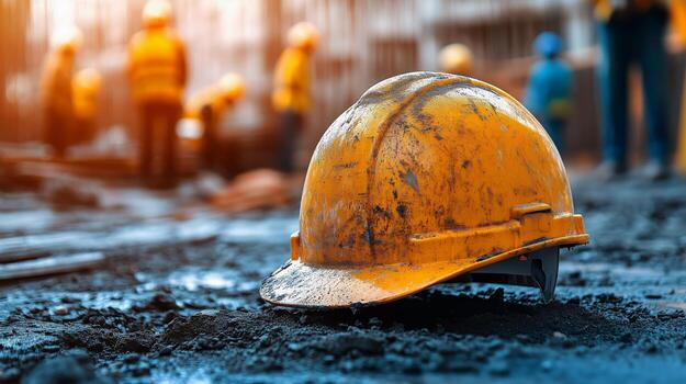 Yellow Construction Helmet on Ground at Building Site During Daylight With Workers in Background photo