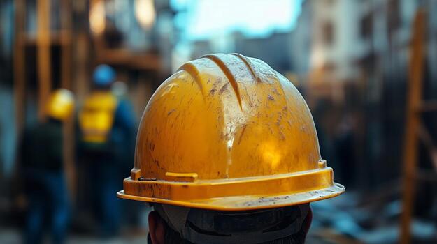 Yellow Construction Helmet on Ground at Building Site During Daylight With Workers in Background. photo