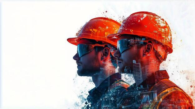 Diverse Construction Workers in Safety Helmets Stand Confidently in a Row at a Job Site. photo