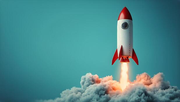 Rocket Launching With Flames in a Blue Background Setting During a Futuristic Theme. photo