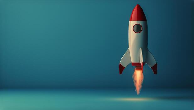 Rocket Launching With Flames in a Blue Background Setting During a Futuristic Theme photo