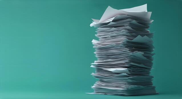 Stack of Disorganized Paper on Blue Background Highlighting Clutter and Disarray in Workspace. photo