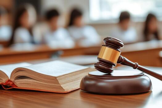 Law Students Engaged in Study With Gavel and Law Book in Focus in a Classroom Setting. photo