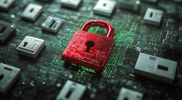 Digital Security Concept With Red Lock on Circuit Board Background Showcasing Data Protection photo