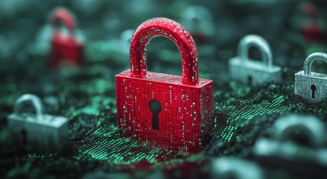 Digital Security Concept With Red Lock on Circuit Board Background Showcasing Data Protection. photo