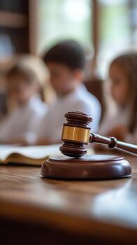 Young Students Learning About Law With a Gavel and an Open Book in a Classroom Setting. photo
