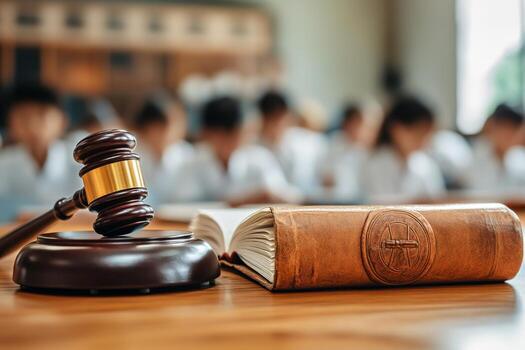 Law Students Engaged in Study With Gavel and Law Book in Focus in a Classroom Setting photo