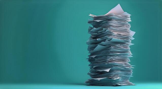 Pile of Disorganized Papers Rising High on a Teal Background in a Modern Office Setting photo