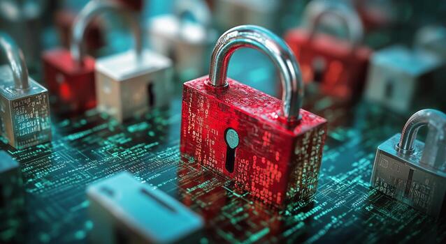 Digital Security With a Red Padlock on a Circuit Board Represents Data Protection and Cybersecurity. photo