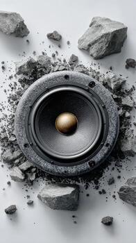 Unique Speaker Design Surrounded by Textured Gravel and Stones for an Artistic Showcase. photo