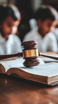 Young Students Learning About Law With a Gavel and an Open Book in a Classroom Setting photo