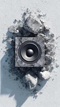 Speaker Embedded in Concrete Debris in an Artistic Display Showcasing Sound and Design Elements photo