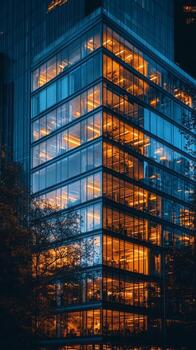 Modern Glass Building Illuminated at Night in an Urban Area With Autumn Foliage in the Foreground photo