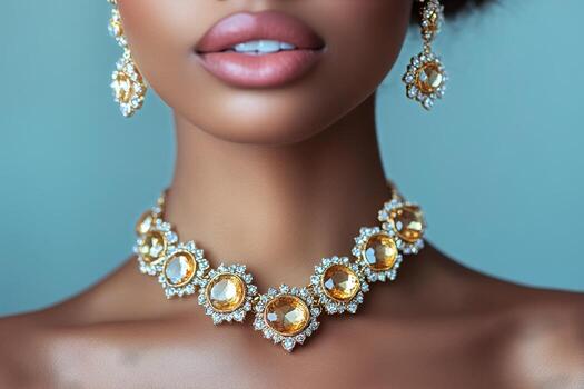 Elegant Jewelry Display With Sparkling Gems and a Poised Model in a Soft-Lit Environment photo