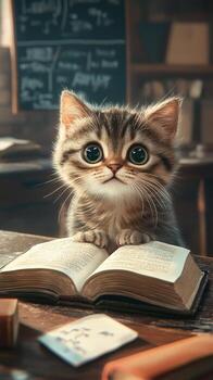 Cute Kitten Reading a Book in a Cozy Library Filled With Books and Chalkboard Notes photo