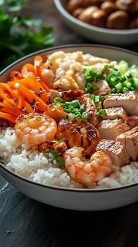 Shrimp and Chicken Bowl With Rice and Vegetables in a Vibrant Dining Setting. photo