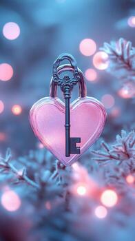 Decorative Heart Padlock With Key on Shimmering Surface During Romantic Celebration. photo