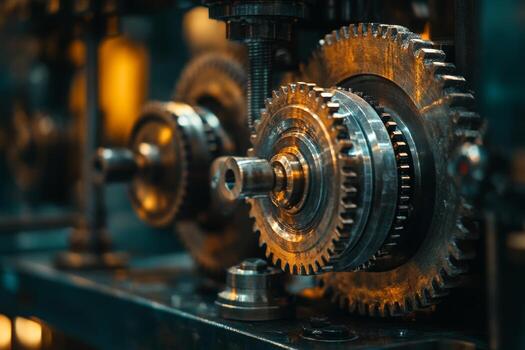 Machinery in a Workshop Showcasing a Detailed Gear Mechanism Glowing Under Ambient Light. photo