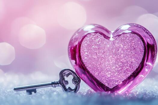 Heart Shaped Padlock With Key Surrounded by Sparkling Bokeh in Soft Colors. photo
