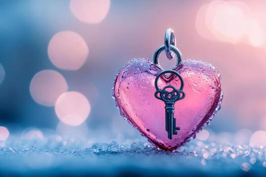 Heart Shaped Padlock With Key Surrounded by Sparkling Bokeh in Soft Colors photo