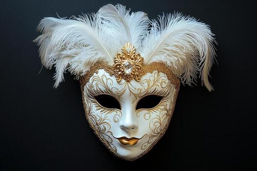 Elegant White and Gold Masquerade Mask With Feathers Displayed on a Dark Background photo