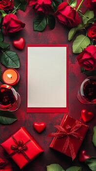romántico preparar con rojo rosas, velas, y un blanco tarjeta para sentido mensajes foto