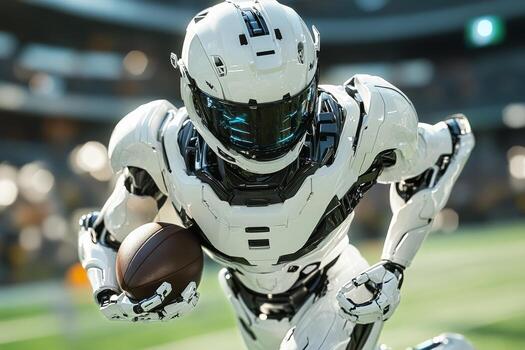 Futuristic Robot Athlete Running With a Football on a High-Tech Sports Field photo