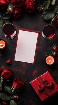 romántico preparar con rojo rosas, velas, y un blanco tarjeta para sentido mensajes foto