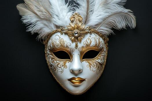 Elegant White and Gold Masquerade Mask With Feathers Displayed on a Dark Background. photo
