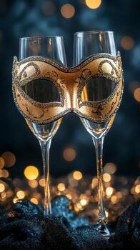 Festive Masquerade Mask and Sparkling Drink Create a Celebratory Atmosphere During a Night Event. photo