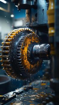 Close-up of Intricate Machinery in a Workshop Showing the Detailed Process of Manufacturing Gears photo