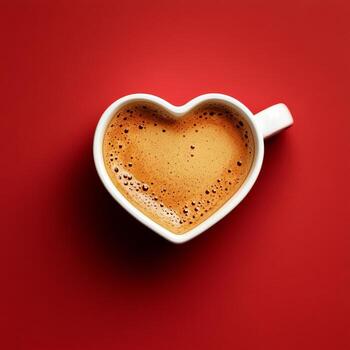 Heart-shaped Latte Art in a White Cup on a Vibrant Red Background for a Cozy Coffee Moment. photo