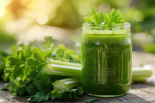 Fresh Green Celery Juice in a Jar With Celery Stalks on a Wooden Surface at Sunset photo