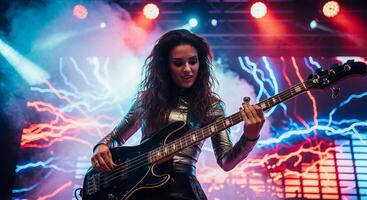 un mujer jugando un bajo en etapa a un concierto foto
