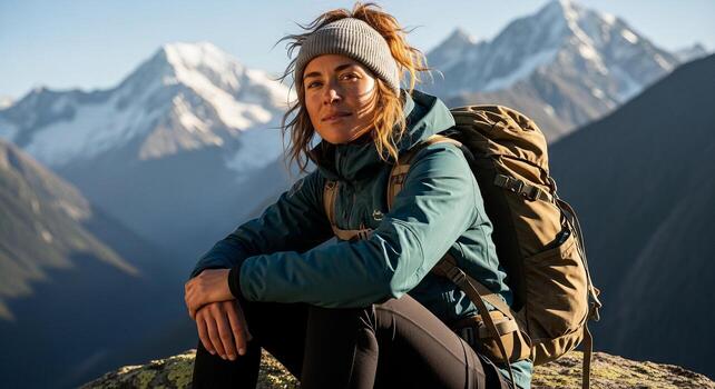 A woman with a backpack sitting on a mountain photo