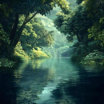 A river in the forest with trees and water photo