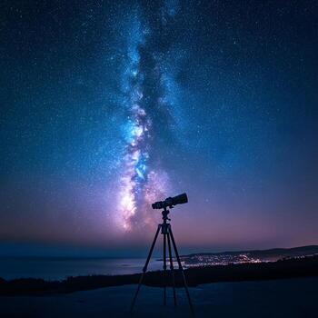 Milky way and telescope on the beach photo