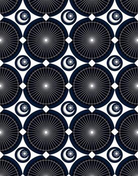 Dark Geometric Circular Pattern with Radiating Lines and Moon Motifs vector