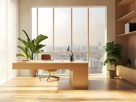 A modern office with a desk and a window photo