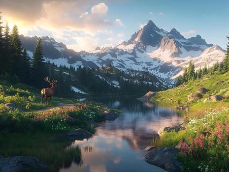 A deer stands in the middle of a river and mountains photo