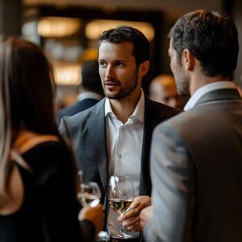 Three men talking at a business event photo